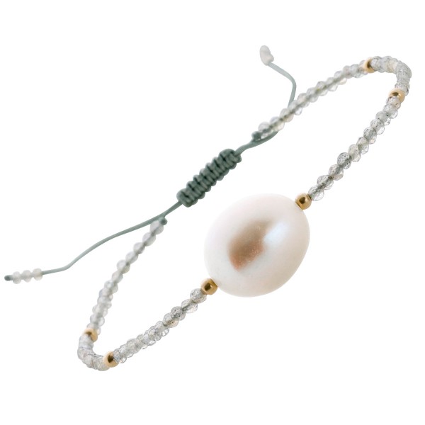 Edelstein Perlen Armband Südseeperle Goldkugeln 585 weiss-graue facettierte Labradorit Damen