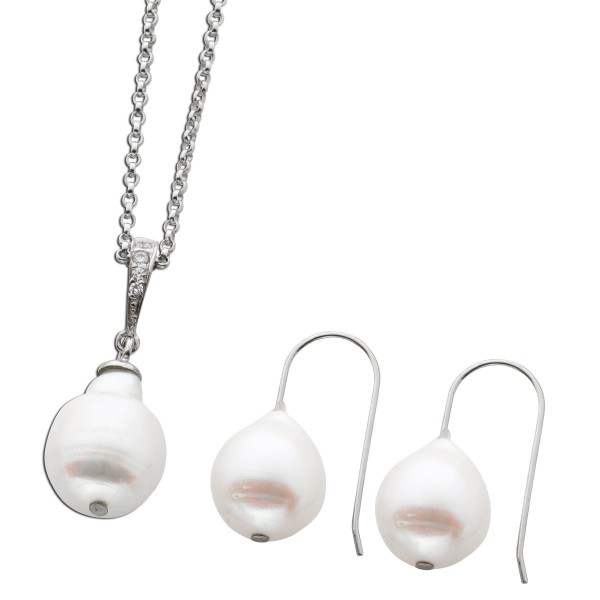 Schmuckset Perlenkette Perlenohrringe Silber 925 weiß Perlen Barock Zirkonia