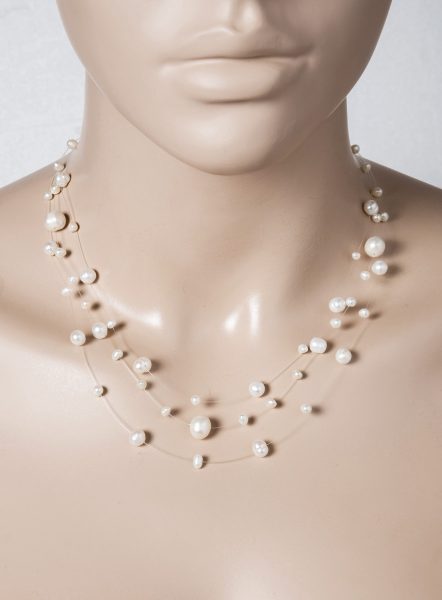 Perlenkette 3-reihig Nylonfaden Silber 925 weissen Süsswasserperlen  42+5cm