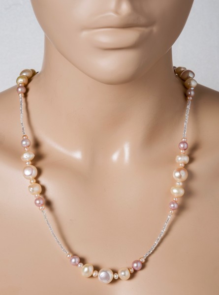 Perlen Collier Halskette naturfarbene Süsswasserperlen creme rose weisse Kristalle 67cm Silber 925