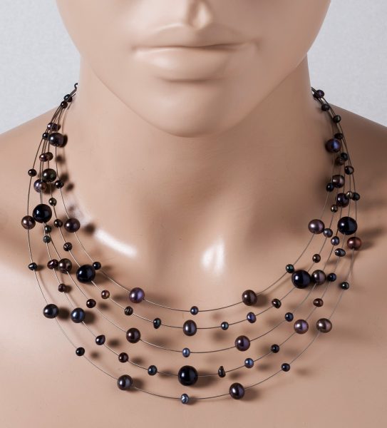 5-reihige Perlenkette schwarze Süsswasserperlen 4-8mm Edelstahl Draht Federringverschluss 925/- 40+7cm Länge versetzt
