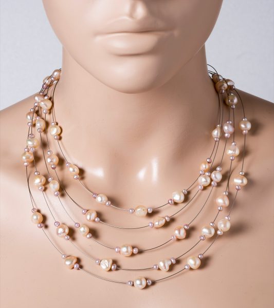 Perlen Collier Halskette 5-reihig Süsswasserperlen lila-pfirsichfarben Edelstahldraht Silber 925 Verschluss 43+5cm