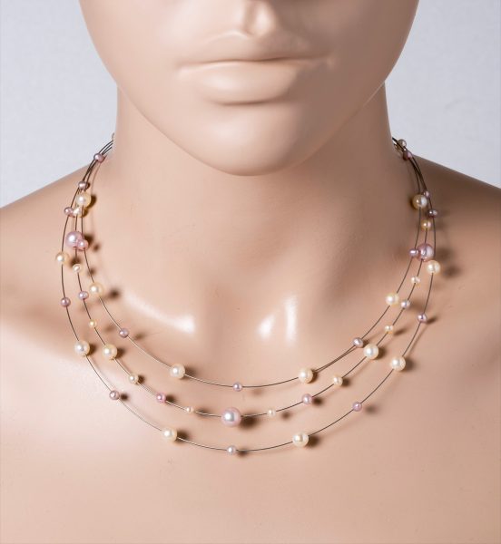 Perlen Collier Halskette 3-reihig Süsswasserperlen weiss creme lila Edelstahldraht Silber 925 Verschluss 43+5cm