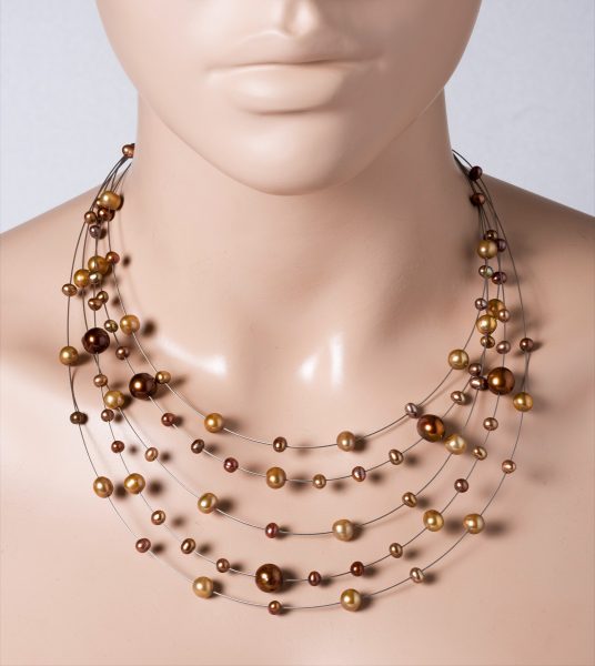 Perlen Collier Halskette 5-reihig Süsswasserperlen braun bronze Edelstahldraht Silber 925 Verschluss 43+5cm
