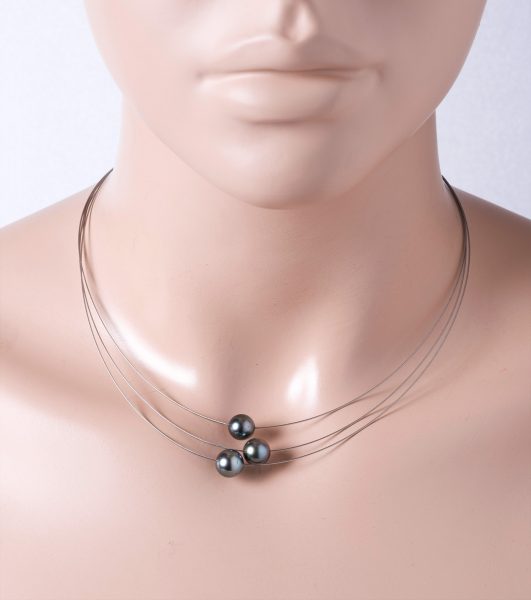 3-reihige Perlen Stahldraht Halskette Collier Tahitiperlen Anhänger Silber 925 Karabiner 38+7cm
