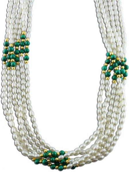 Perlenkette – Suesswasserzuchtperlencollier mit echten gruenen Aventurin und vergoldeten Zwischénteilen, 6-reihig, schoenes weisse-rosefarb Lustre, vergoldeten Perlschliess