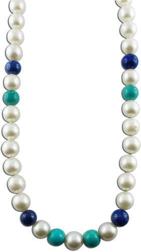 Perlenkette – Japanische Akoyazuchtperlencollier Türkis und Lapislazulikugeln