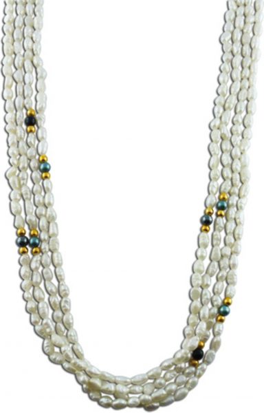 Perlenkette – Suesswasserzuchtperlencollier mit vergoldeten Zwischenteilen und echten Haematit,4-reihig, Perledurchmesser3,5mm, Laenge 80cm,