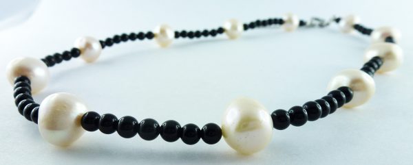 Perlenkette – Perlencollier Onyx Süßwasserzuchtperlen 45+4cm