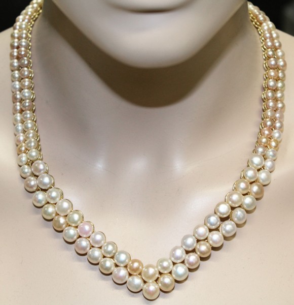 Perlenkette – Elegantes Süsswasserzuchtperlen Perlencollier in Gelbgold 750/- Ø 5-8mm