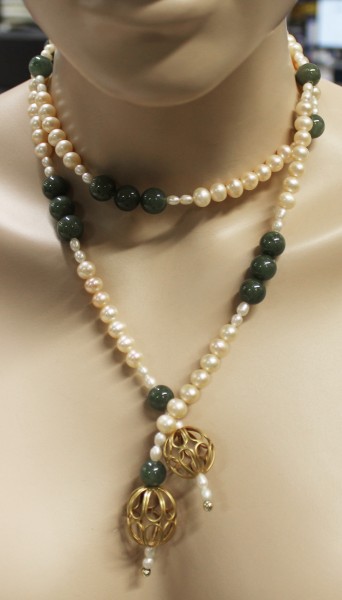 Perlenkette, Perlencollier , Sterling Silber  925/-,  vergoldet, Süsswasserzuchtperlen, grüne Jade, 90cm
