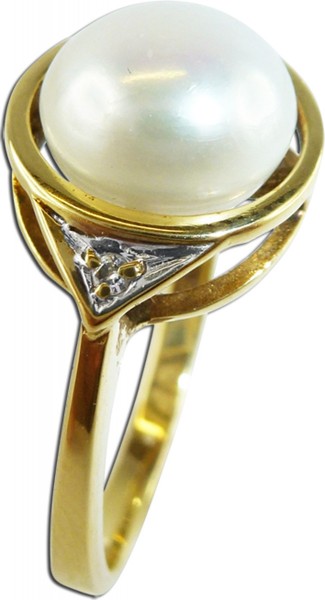 Ring, Perlenring, Gelbgold 585/-, 1 Süßwasserzuchtperle 8mm, 2 Diamanten 8/8 W/P, polierte Ringschiene