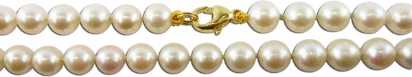 Perlenkette, jap. Akoyazuchtperlen 6,5mm, ganz rund,  weiß / rose Lüster, Karabinerschließe Gelbgold 585/-