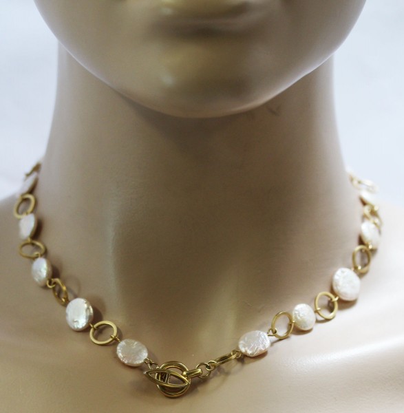 Perlenkette – Perlencollier Sterling Silber 925 gelb vergoldet Biwazuchtperle