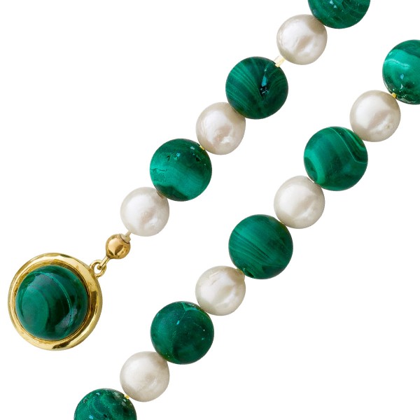 Perlenkette – Collier – Perlencollier Gelbgold 333 japanische Akoyazuchtperle Malachit
