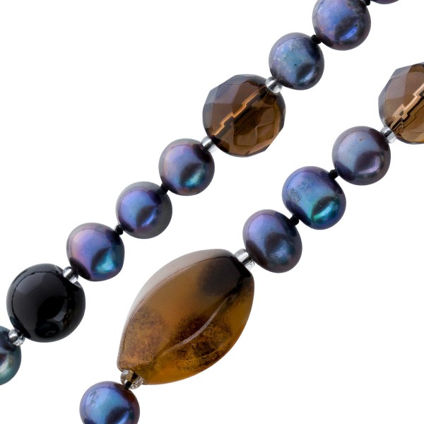 Perlenkette – Collier – Perlencollier chinesiche Süßwasserzuchtperle Onyx Rauchquarz Aquamarin