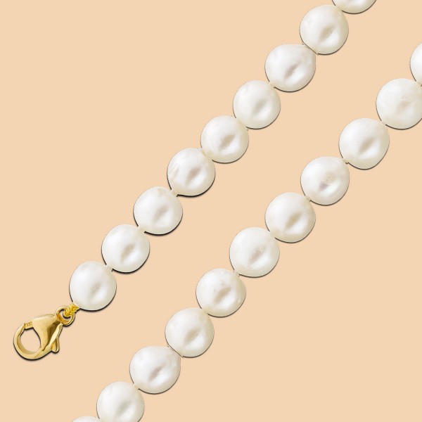 Perlenkette – Perlencollier japanische Akoyazuchtperlen Gelbgold 333/- weiß-rosé Perlenlustre leichtunrund natürliche Einschlüsse