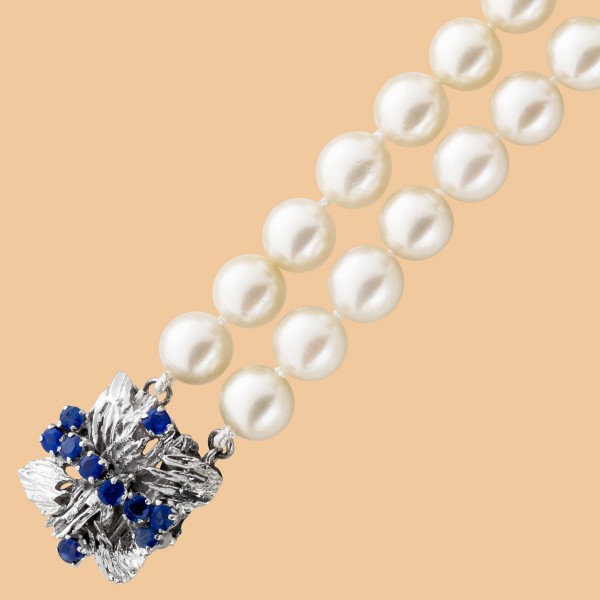 Perlenkette – Collier – Perlencollier Weißgold 750 japanische Akoyazuchtperle 10 Saphire 0,80ct