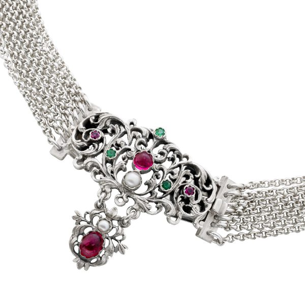 Antikes Kropfband / Halsband um 1900 Silber 800 2 Turmaline 2 pinke Rubine 3 grüne Smaragde 2 Flussperlen