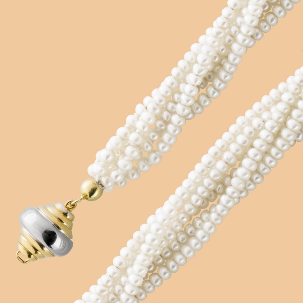 Perlenkette – Japanische Biwazuchtperlencollier Gelbgold 750 6-reihig