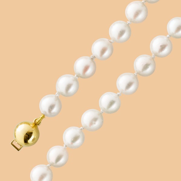 Perlenkette – Perlencollier Gelbgold 585 japanische Akoyazuchtperlen Kugelschließe