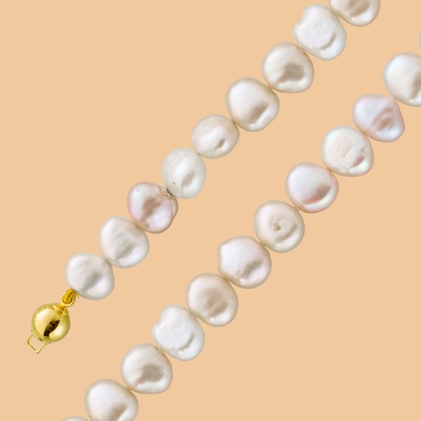 Perlenkette – Perlencollier Gelbgold 585 japanische Biwazuchtperlen Kugelschliesse