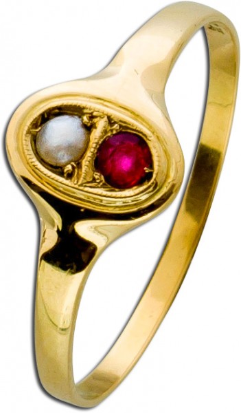 Antiker Ring Gelbgold 585 um 1900 Orientperle Silber schimmernd roter Rubin Edelstein