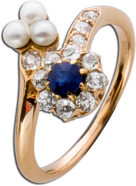 Antiker Ring Rosègold 585 blauer Saphir Brillanten Altschliff weisse Orientperlen