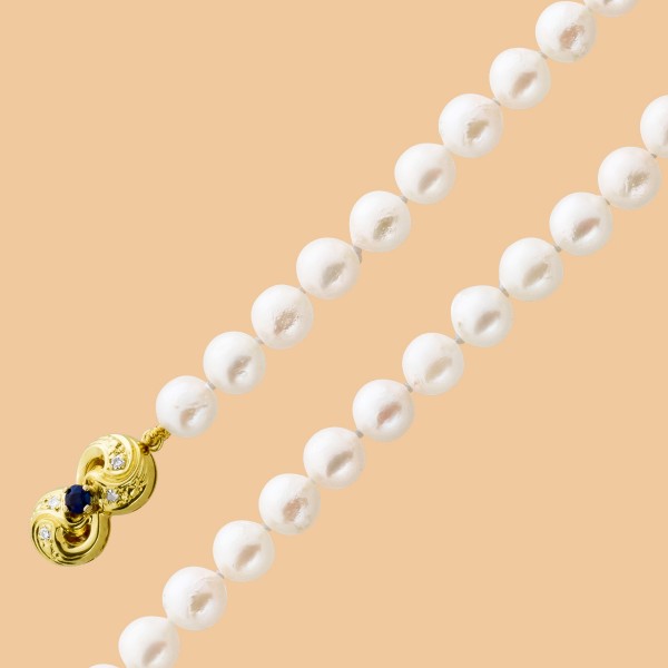 Perlenkette weiss rosee Perlencollier japanische Akoyazuchtperlen blauer 585 Saphir Diamanten