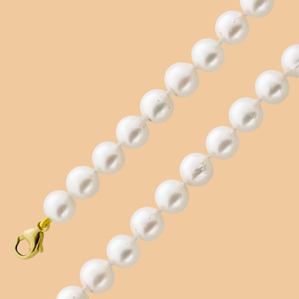 Perlenkette weisse Perlencollier rosé schimmernden japanischen Akoyazuchtperlen Gelbgold 585