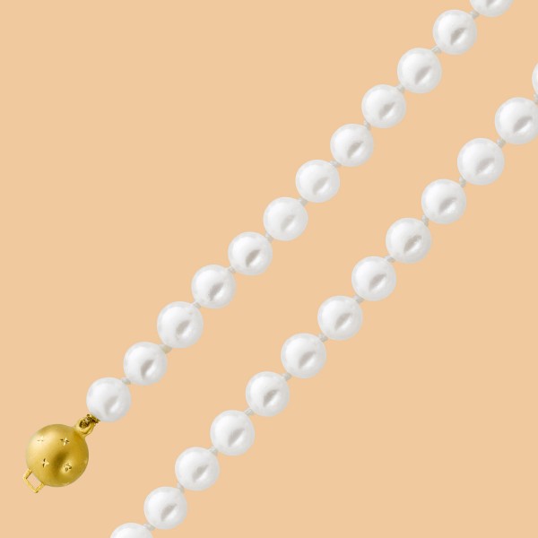 Perlenkette japanische Akoyazuchtperlkette weiss Gelbgoldschließe 585 Diamanten 8/8 W/P zus 0,05 ct