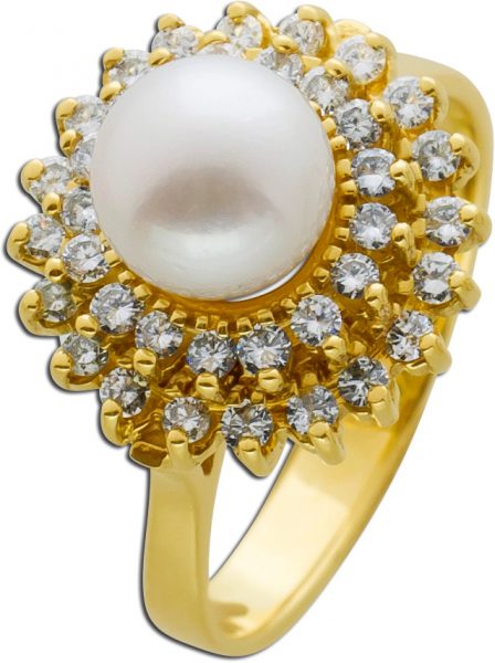 Perlenring weißer Akoyazuchtperle weißen Brillanten Gelbgold 585 Damenschmuck Görg Zertifikat