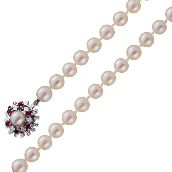 Antikes Perlen Halskette Collier Akoyaperlen 50er Jahre Vintage Rubin Weissgold 585 Schliesse