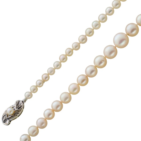 Perlenkette japanische Akoyaperlen rosefarben Weissgold 585/- Schließe Perlenschmuck 50er Jahre