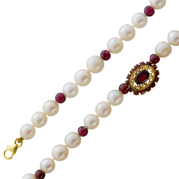 Perlenkette – Perlencollier japanischen Akoyaperlen weiß rose Gelbgold 333 Karabiner roten Granat Edelsteinen