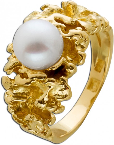 Perlenring Gelb Gold 585/- Lapponia Stil Akoya Perle weiss-rose massive Einzelanfertigung