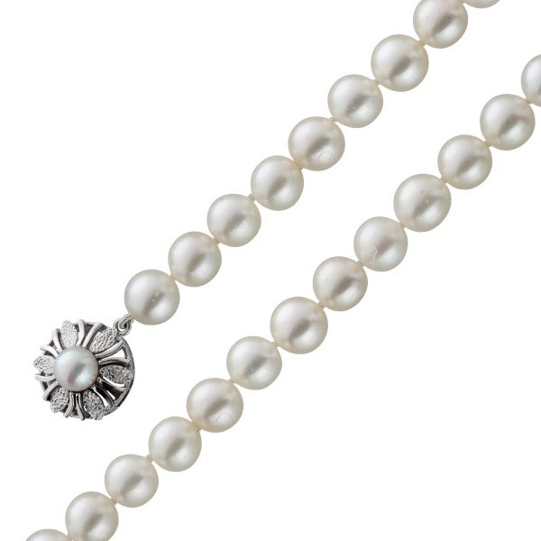 Perlen Collier Kette japanische Akoyaperlen 7,5mm ganz rund Top Lustre weiss-rose Weissgold 750 Blumenschließe