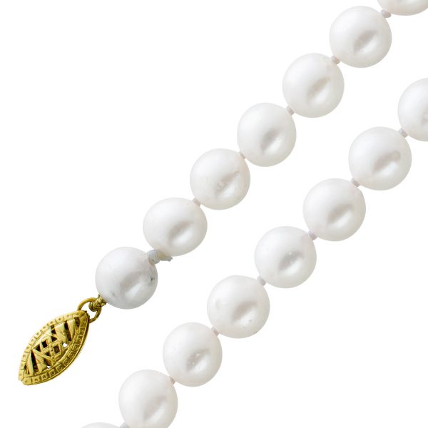 Perlen Kette Collier Gelbgold 585/- jap. Akoya Perlen fast Rund schönes Lustre weiss-rose leichte Einschlüsse 84cm