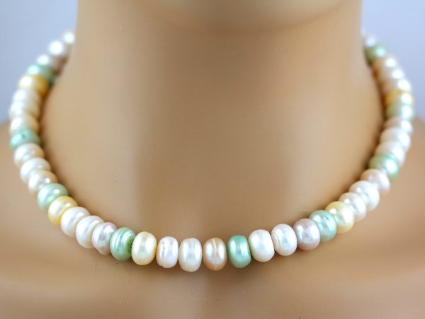 Perlenkette Collier Japanische Biwa Perlen weiss rose hellgrün gelbfarben Silber 925