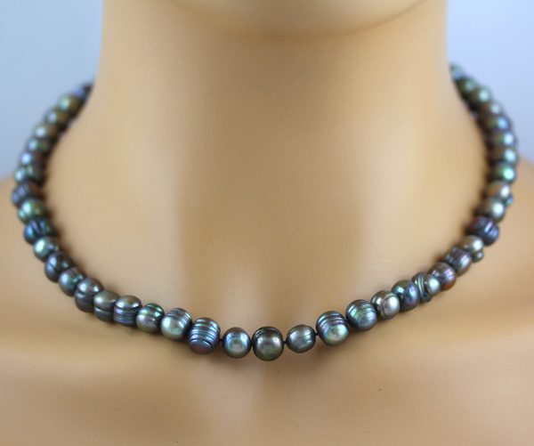 Antike Perlenkette 80er Jahren schwarz anthrazitfarbenen Japanischen Biwaperlen Silber 925 Verschluss