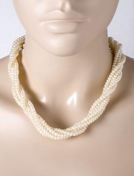 5-reihiges Antikes Perlen Collier  80er Jahren Biwaperlen weiß rose Lustre Metall