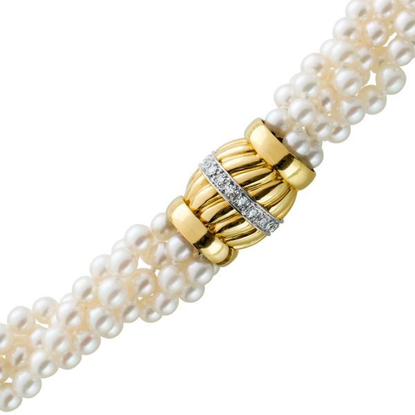 Perlcollier Perlenkette jap. Akoyaperlen mehrreihig weiss rose Gelbgold 750 Schliesse Diamanten, 46cm Görg Zertifkat
