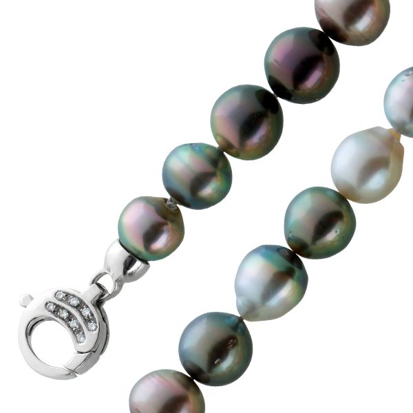 Perlenkette Tahitiperlenkette 10,5-9,2mm Multi Color Graufarben leicht Barockform, Weissgold 585 Karabiner 16 Brillanten 0,15ct bis 0,18ct W/SI, 43cm Görg Zertifikat