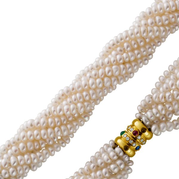 Antike Perlenkette – Collier 70er Jahre Gelbgold 750 Brillanten Edelsteine 8-reihig Biwaperlen weiss-rose Drehverschluss 47cm Einzelanfertigung mit Görg Zertifikat