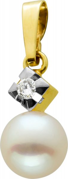 Antiker Brillant Perlen Anhänger Gelbgold Weissgold 585 Brillant W/SI 0,05 Carat Jap. Akoyaperle Rosa Ohne Einschlüsse Um 1960 TOP Zustand