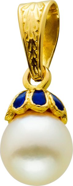 Perlen Anhänger Gelbgold 585 Japanische Akoyaperle Teils Blau Emailliert Beweglicher Teil
