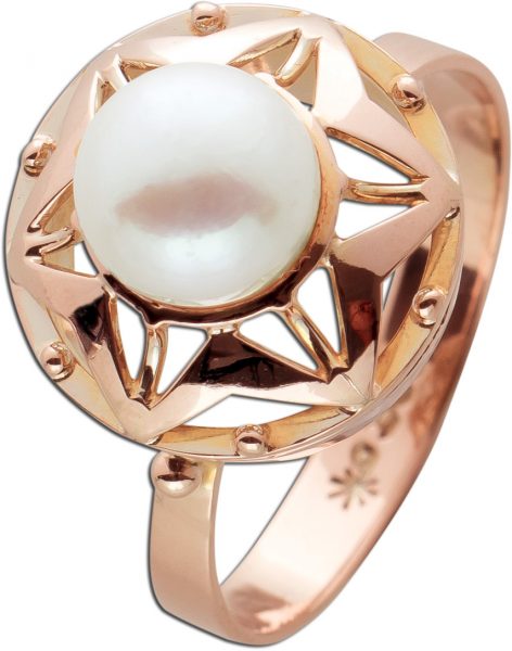 Antiker Perlen Ring Sternenoptik Gelbgold 333 Poliert Perle Weiß Cremefarben Rose Gold Fassung Um 1900 TOP Zustand