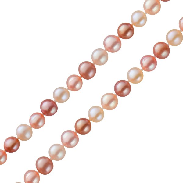 Jap. Biwa Perlenkette endlos geknüpft fast ganz rund  violett, Pfirsich bis Hellrosa 148cm
