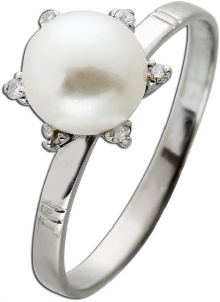 Perlen Brillant Ring Weissgold 585 Japanische Akoyaperle Perfekt Rund Ohne Natürliche Einschlüsse W/SI 0,09 Carat