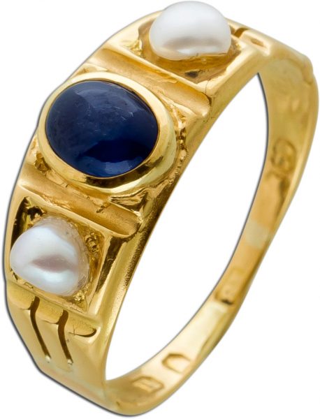Antiker Saphir Perlen Ring Gelbgold 18 Karat 1 Saphir Edelstein 2 Flussperlen Rarität Gr.17,5mm
